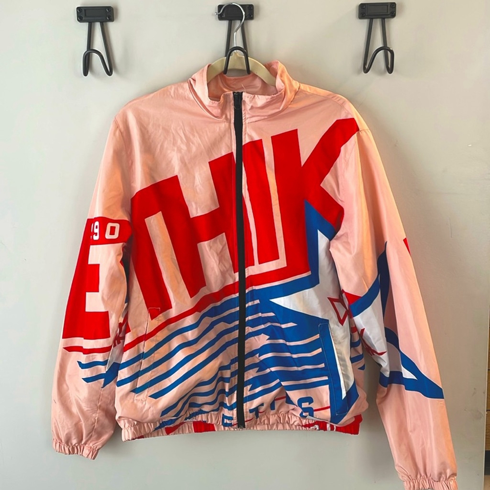 Ethik, men’s medium, red beige and blue windbreaker collared zip-up jacket